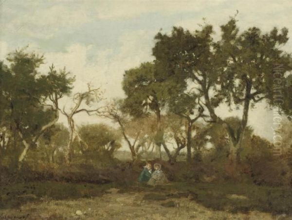 Two Children In A Landscape Oil Painting by Henri-Joseph Harpignies