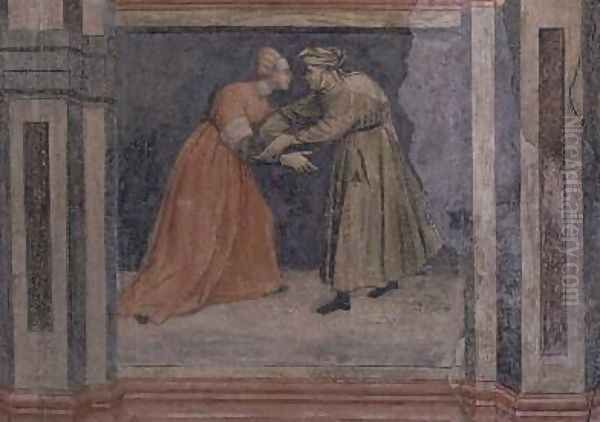 The meeting of a man and a woman from Scenes of a Private Life cycle after Giotto 1450 Oil Painting by Nicolo & Stefano da Ferrara Miretto