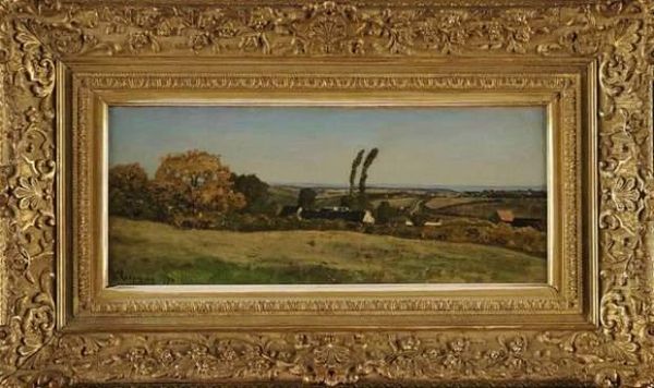 Paysage Au Deux Peupliers Et Hameau Oil Painting by Henri-Joseph Harpignies