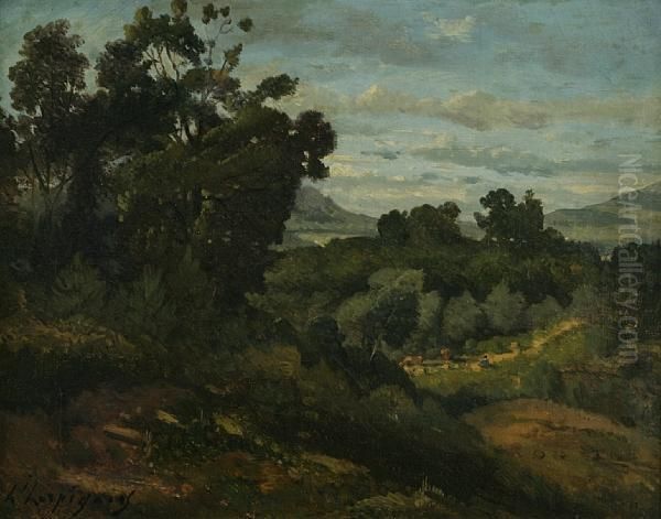 An Extensive Landscape With A Herdsman And His Cattle In The Distance Oil Painting by Henri-Joseph Harpignies