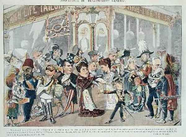 Advertisement for a Parisian clothes outfitters referring to the First Hague Peace Conference of 1899 Oil Painting by Colomb B. Moloch