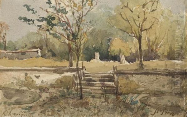 L'entree D'un Parc Arbore, Un Mur D'enceinte A L'arriere-plan Oil Painting by Henri-Joseph Harpignies