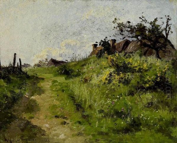 Aufsteigender Weg Mit Blick Zu Hausdachern Hinter Anhohe. Oil Painting by Henri-Joseph Harpignies