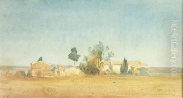 Rural Scene With Farm Buildings, Watercolour Oil Painting by Henri-Joseph Harpignies