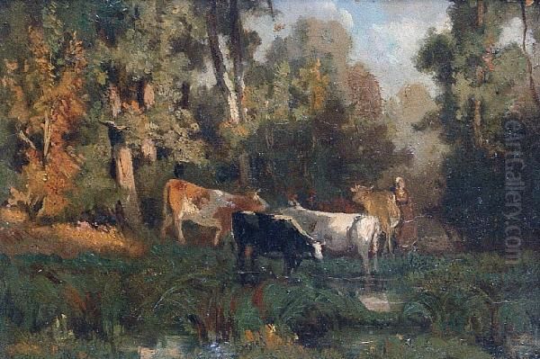 Study Of Cattle Oil Painting by Henri-Joseph Harpignies