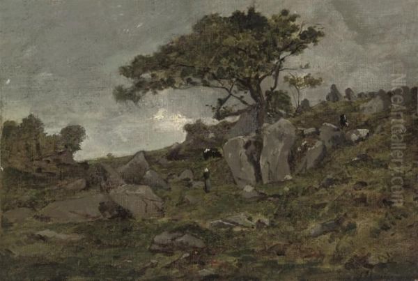 Herders On A Rocky Hillside Oil Painting by Henri-Joseph Harpignies