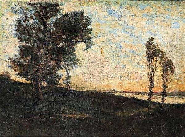 Arbres En Bord De Riviere Au Soleil Couchant Oil Painting by Henri-Joseph Harpignies