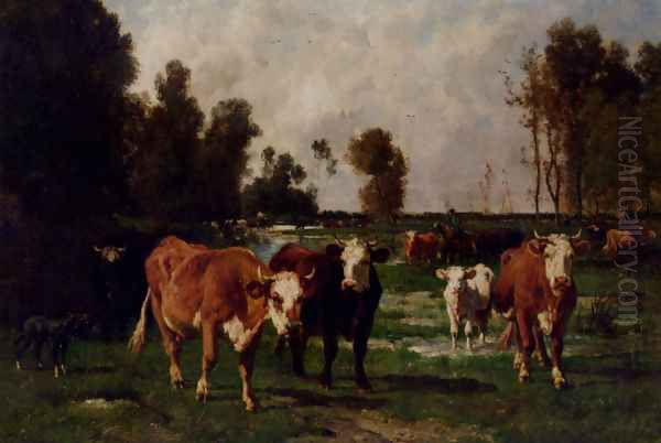 Cattle In A Meadow Oil Painting by Emile van Marcke de Lummen