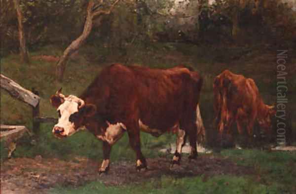 Cows near a ditch Oil Painting by Emile van Marcke de Lummen