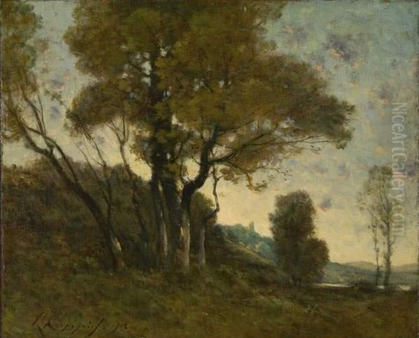 Landschaft In Der Nahe Von Saint-prive Bei Untergehender Sonne. Oil Painting by Henri-Joseph Harpignies