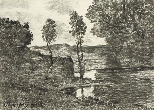 Le Rivage D'un Fleuve, Des Arbres Dans Un Paysage Vallonne A L'arriere-plan Oil Painting by Henri-Joseph Harpignies