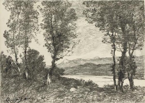 Des Arbres Au Bord D'un Lac, Des Montagnes Au Fond Oil Painting by Henri-Joseph Harpignies