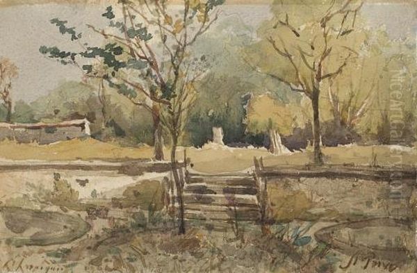 L'entree D'un Parc Arbore, Un Mur D'enceinte A L'arriere-plan Oil Painting by Henri-Joseph Harpignies