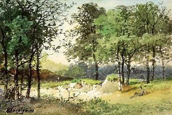 Personnage Assis Dans Un Sous-bois Oil Painting by Henri-Joseph Harpignies