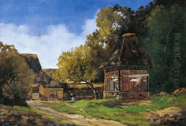 Paysanne Pres De La Ferme Oil Painting by Henri-Joseph Harpignies