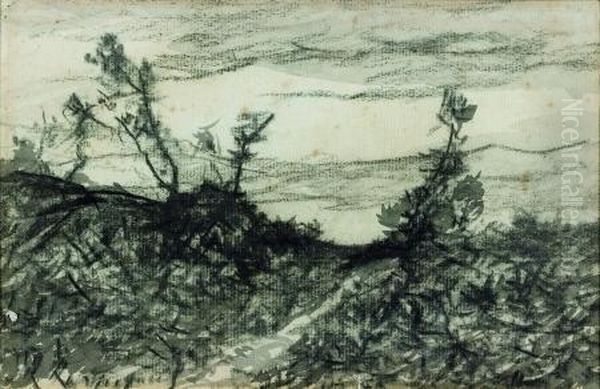 Paysage Fusain Et Lavis Gris 13,5 X 21 Cm Signe En Bas A Gauche Rousseurs Oil Painting by Henri-Joseph Harpignies