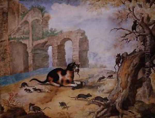 Cat killing mice in a landscape Oil Painting by Gottfried Mind or Mindt