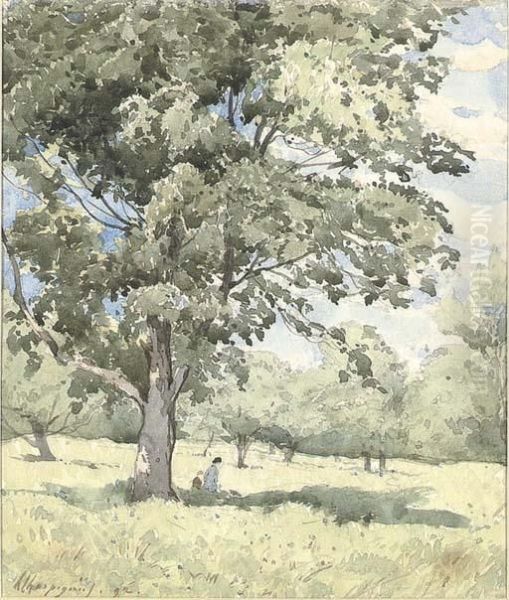 Paysage Avec Deux Personnages, Devant Un Arbre Oil Painting by Henri-Joseph Harpignies