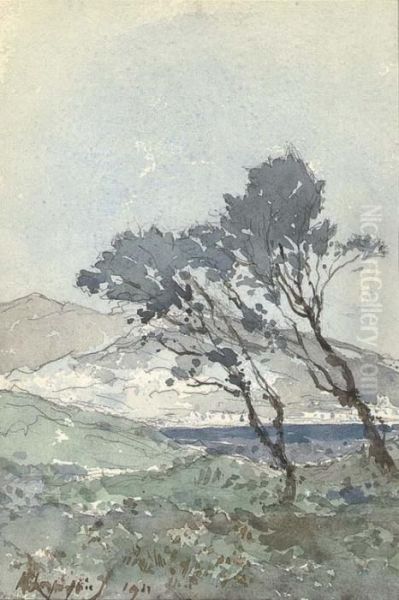 Pins Au Bord De La Mer; Environs D'antibes Oil Painting by Henri-Joseph Harpignies