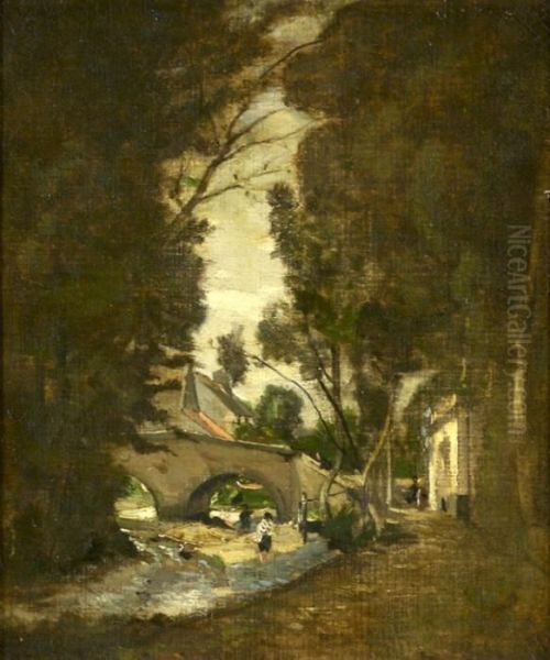 Village Scene Oil Painting by Henri-Joseph Harpignies