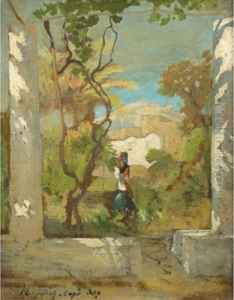 Porteuse D'eau A Capri [ ; Water
 Carrier At Capri ; Oil On Paper Laid Down On Canvas ; Signed. Bears 
Location And Date Capri 1850. Authenticated By Mrs Hellebranth. ] Oil Painting by Henri-Joseph Harpignies