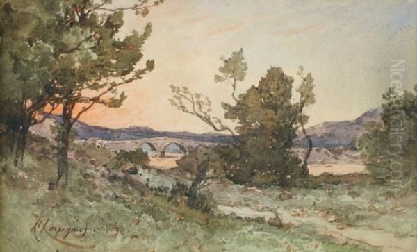 Paysage Au Pont Oil Painting by Henri-Joseph Harpignies