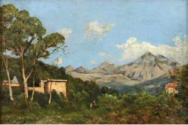 Personnages Dans Lescollines De L'arriere Pays De Menton Oil Painting by Henri-Joseph Harpignies