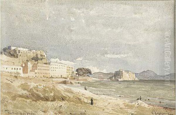 Vue De Bord De Mer A Naples. Oil Painting by Henri-Joseph Harpignies