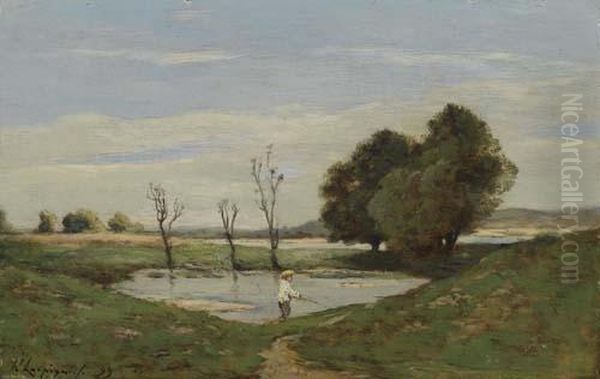 River Landscape With Boy Fishing. Oil Painting by Henri-Joseph Harpignies