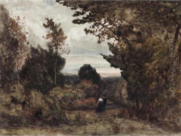 Figures In A Woodland Oil Painting by Henri-Joseph Harpignies