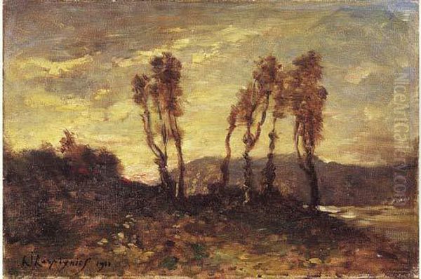 Paysage Au Soleil Couchant, 1911. Oil Painting by Henri-Joseph Harpignies