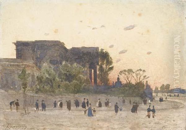 Vue De L'assemblee Nationale A Paris, Des Figures Au Premierplan Oil Painting by Henri-Joseph Harpignies