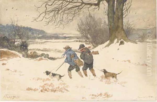 Un Paysage Neigeux Avec Deux Chasseurs Et Deux Chiens Oil Painting by Henri-Joseph Harpignies