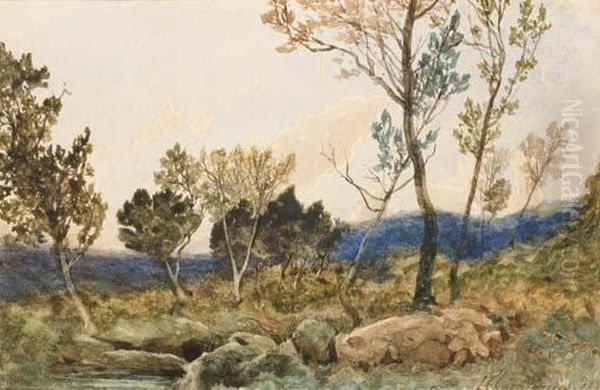 Un Paysage Avec Des Arbres Et Des Rochers Au Premier Plan Oil Painting by Henri-Joseph Harpignies