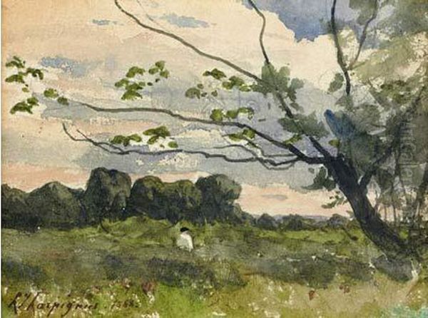 Personnage Dans Un Champ, Un Arbre Au Premier Plan Oil Painting by Henri-Joseph Harpignies