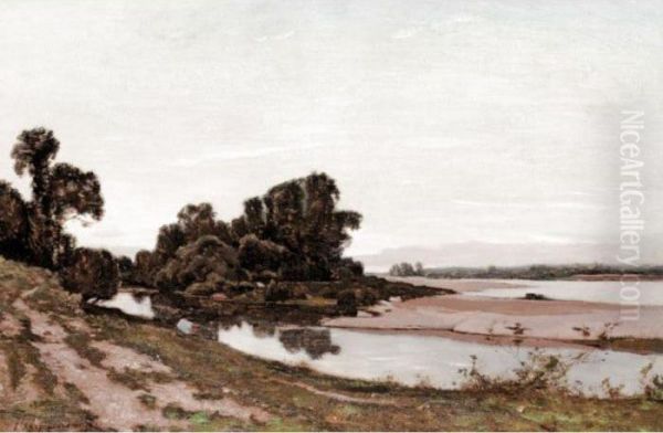 Fishing On The Bank Of The River Oil Painting by Henri-Joseph Harpignies