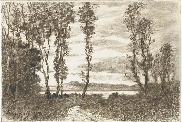 A Path Through A Wood Leading To A Lake, Hills In Thedistance Oil Painting by Henri-Joseph Harpignies