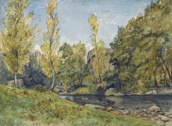 Un Paysage Avec Des Pecheurs Le Long De L'aumance Dans L'allier Oil Painting by Henri-Joseph Harpignies