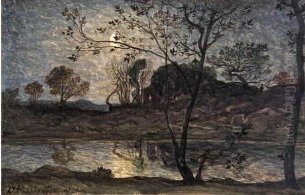 Paysage De Riviere Sous La Lune. Oil Painting by Henri-Joseph Harpignies