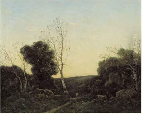 Paysanne Sur Un Sentier Aux Environs De Fontainebleau Oil Painting by Henri-Joseph Harpignies