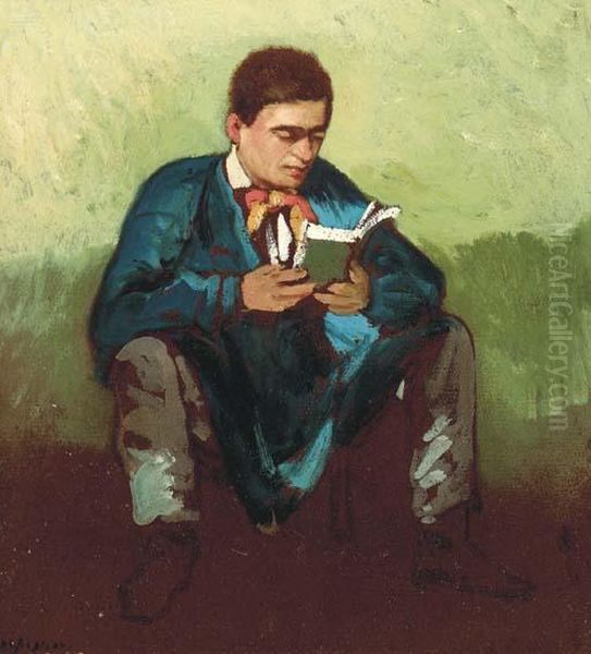 A Young Man Seated Reading A Book Oil Painting by Henri-Joseph Harpignies