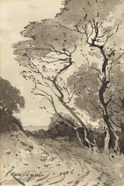 Une Route Bordee D'arbres Donnant Sur La Mer Oil Painting by Henri-Joseph Harpignies