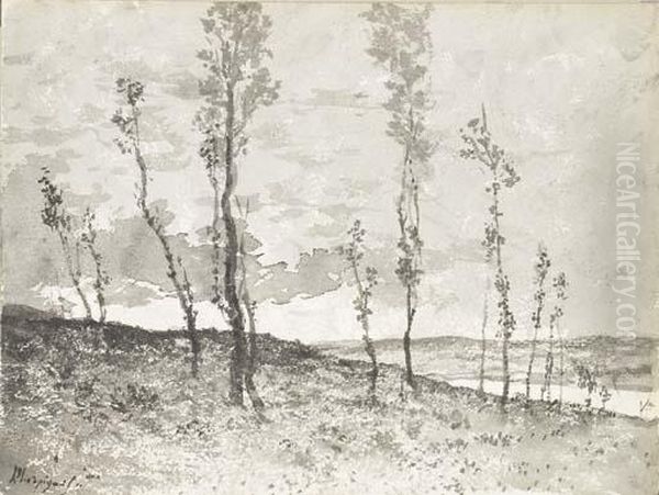 An Extensive Landscape Seen Through An Avenue Of Poplar Trees Oil Painting by Henri-Joseph Harpignies