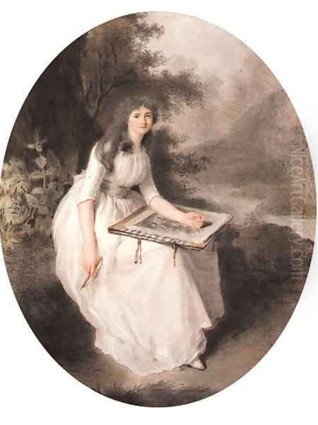 A young lady seated under a tree with a portfolio of drawings, an extensive river landscape beyond Oil Painting by Firmin Massot