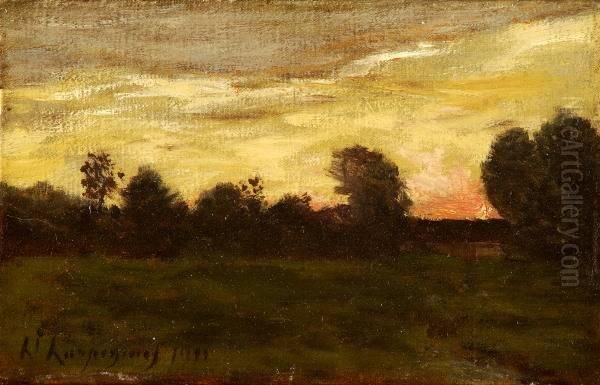 Henri Joseph Harpignies . Barbizon Sunset, Signed Lower Left Oil Painting by Henri-Joseph Harpignies