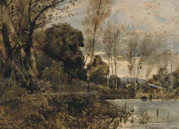 A White Castle Seen From A Lake-side Oil Painting by Henri-Joseph Harpignies