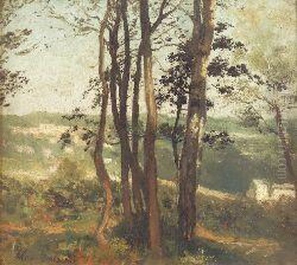 A Wooded Landscape With Distant Cottages Oil Painting by Henri-Joseph Harpignies