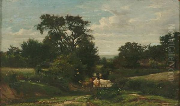 Driving Cattle In A Landscape Oil Painting by Henri-Joseph Harpignies