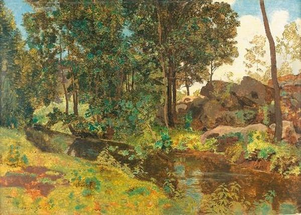 Sommerliche Waldpartie Mit Bach. Oil Painting by Henri-Joseph Harpignies