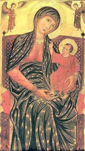 Madonna and Child Enthroned with Two Angels 1260s or 70s Oil Painting by Master of Magdalen